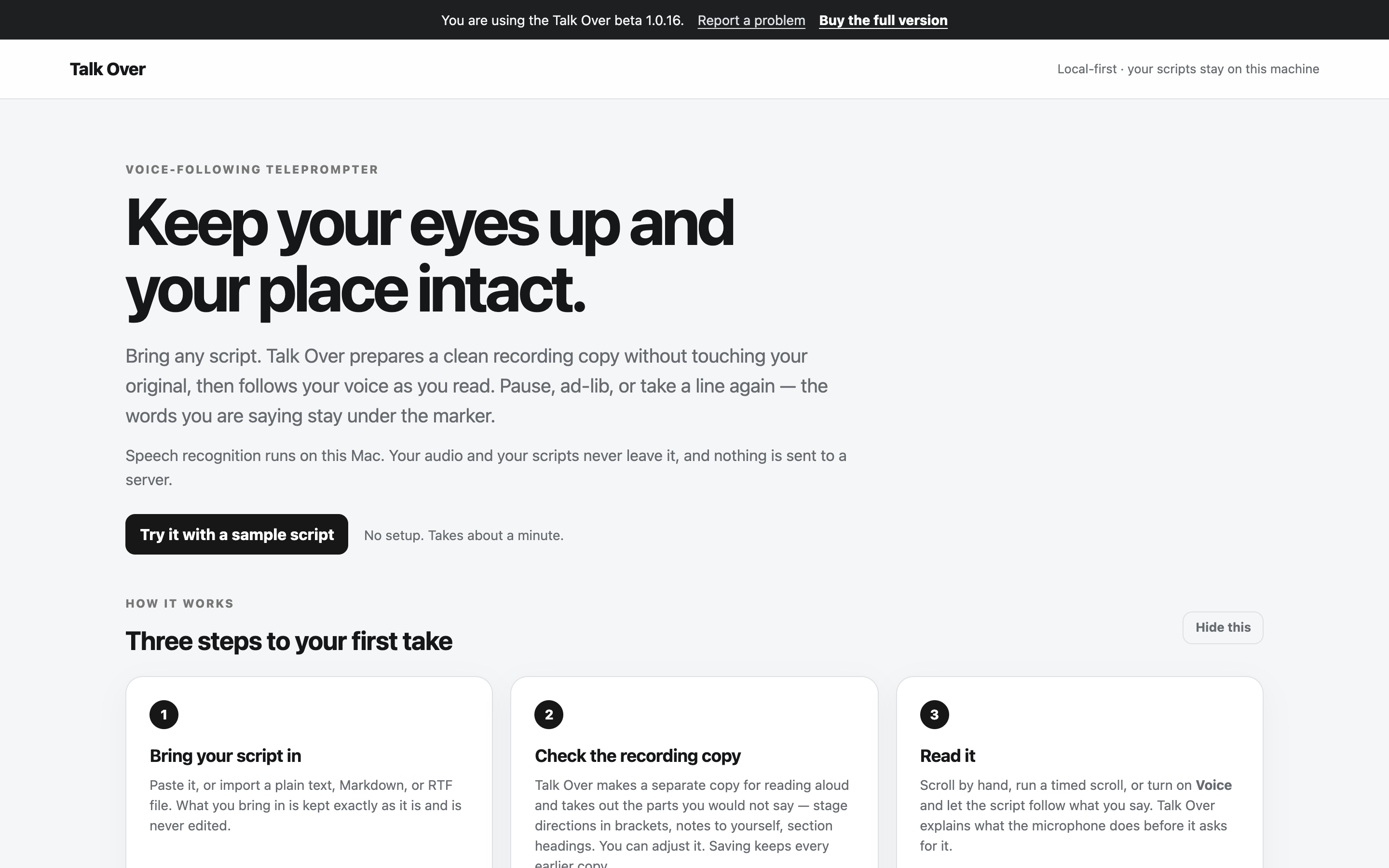 TalkOver welcome screen