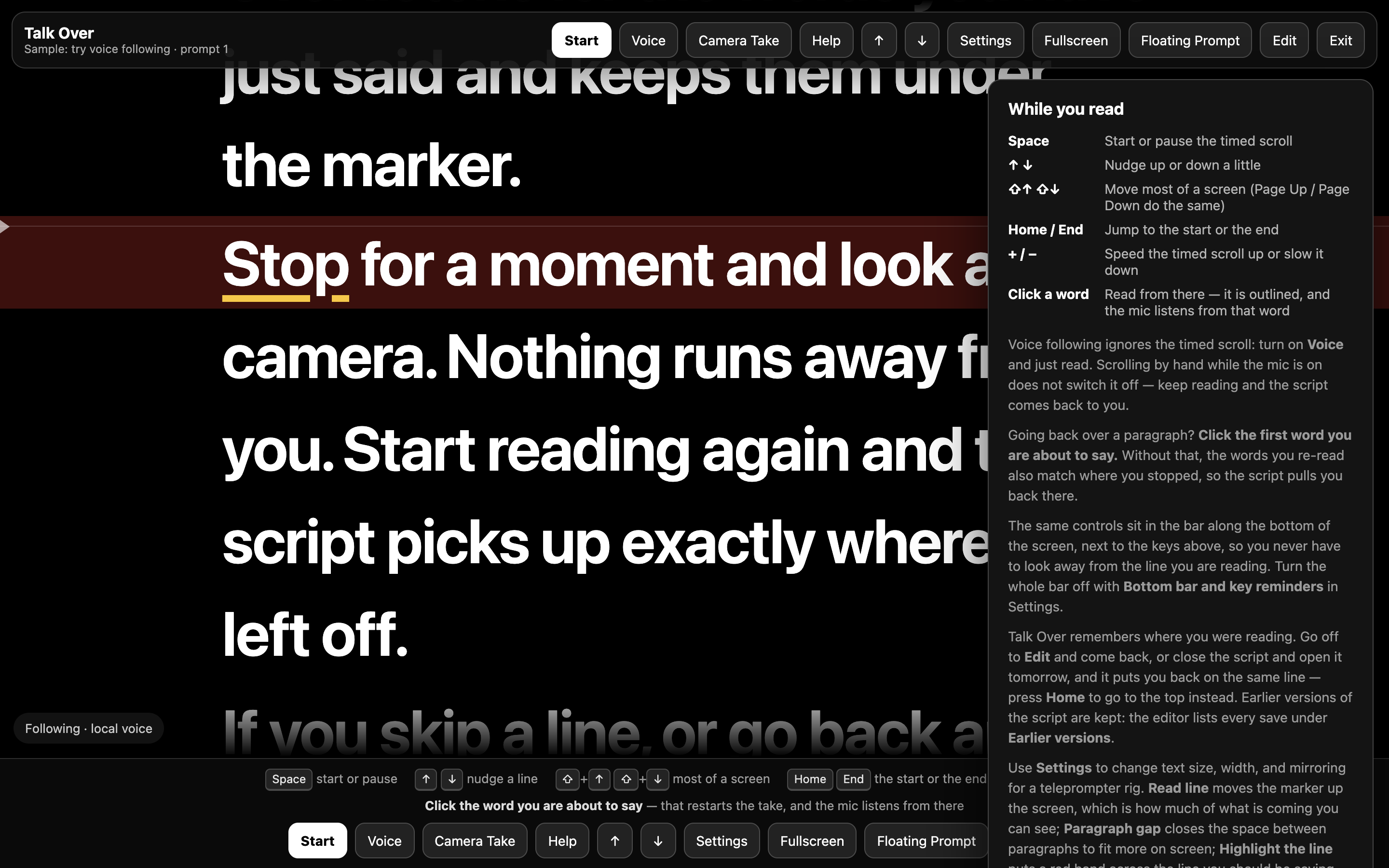 TalkOver help and shortcuts