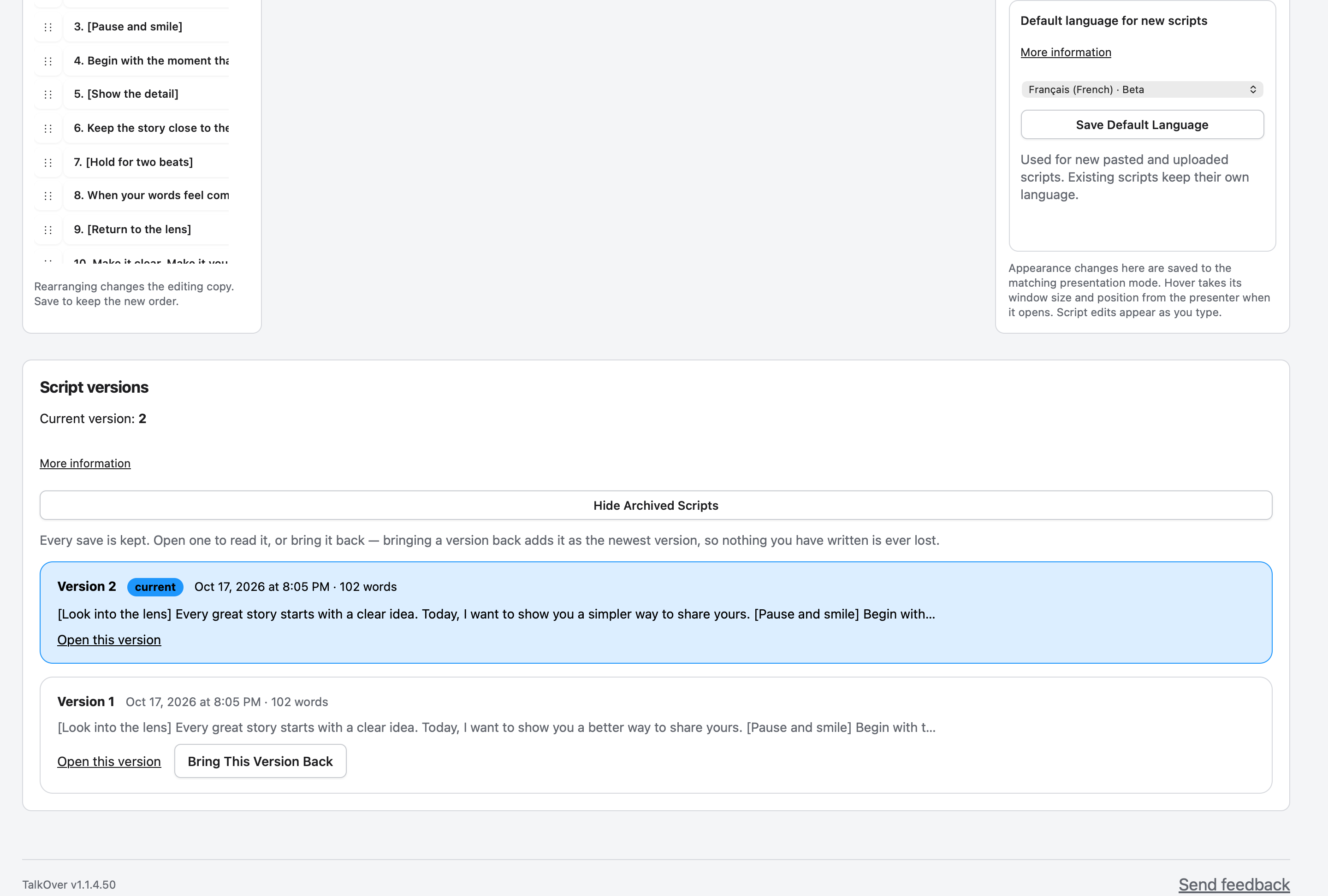 Open an earlier version or restore its wording as a new version, preserving history.