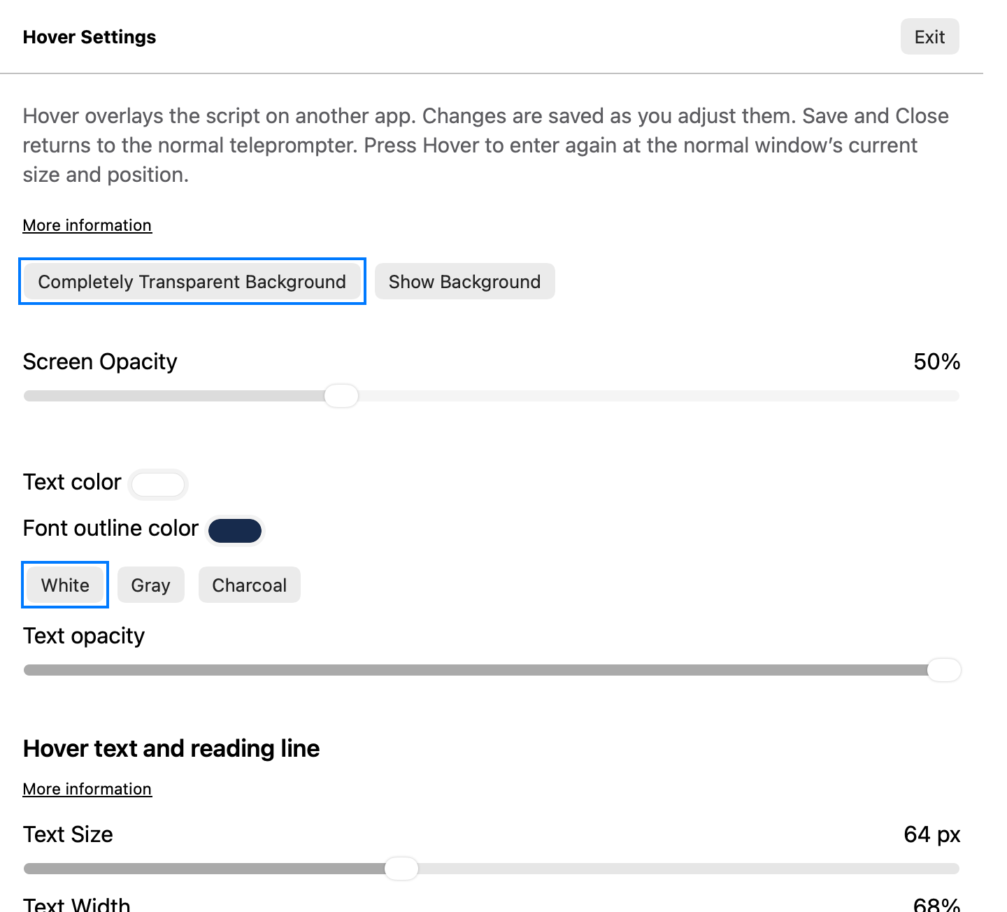 Adjust Hover text, opacity, outline color and reading position.