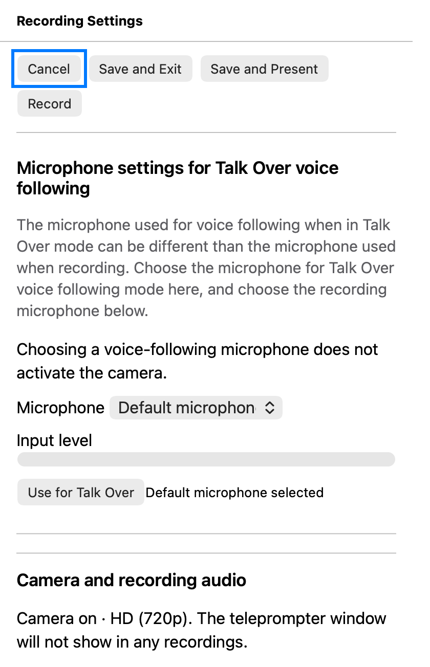 Prepare camera and microphone, inspect the preview, then save settings, present or record.