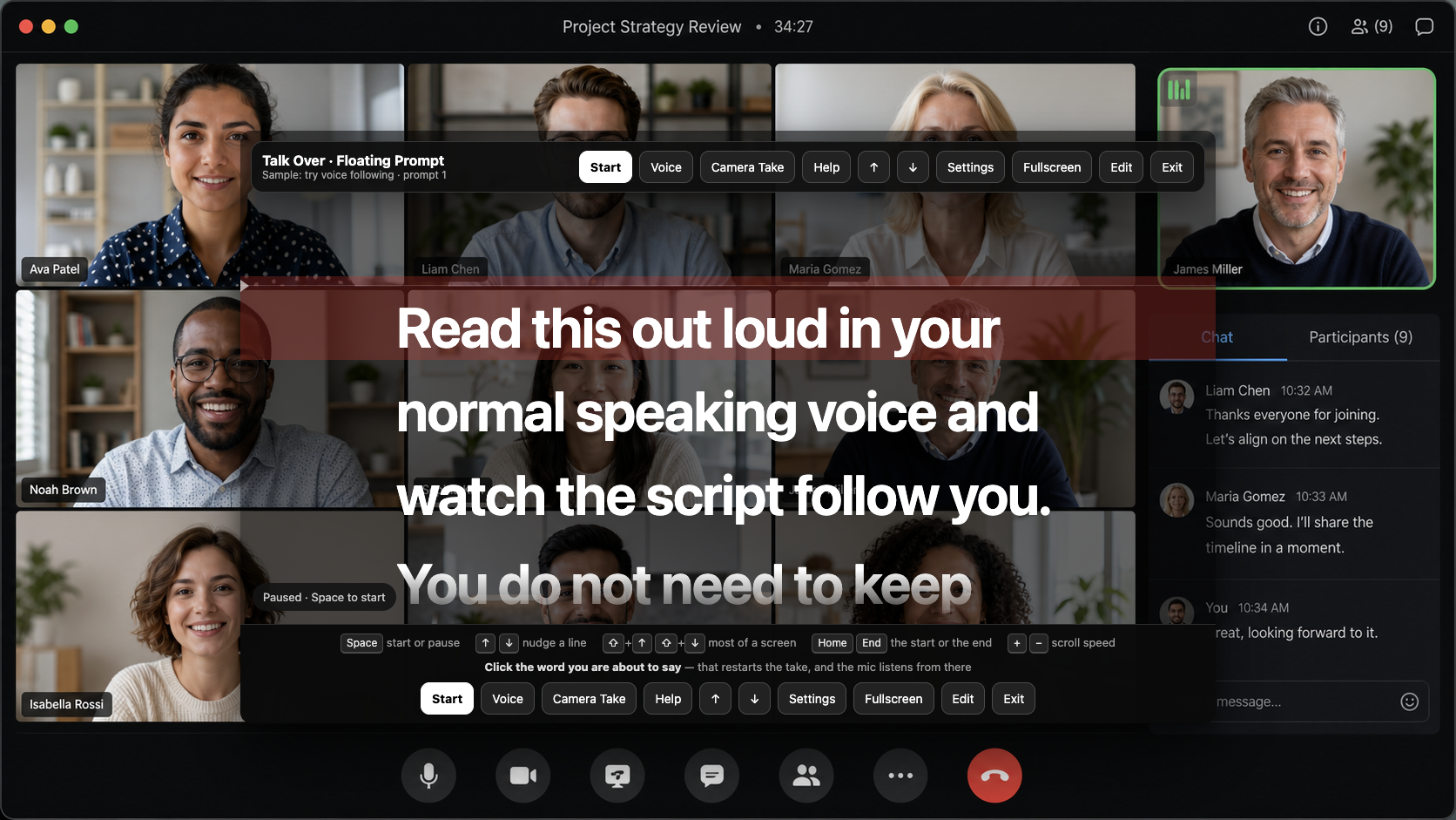 TalkOver's floating prompt over a video call