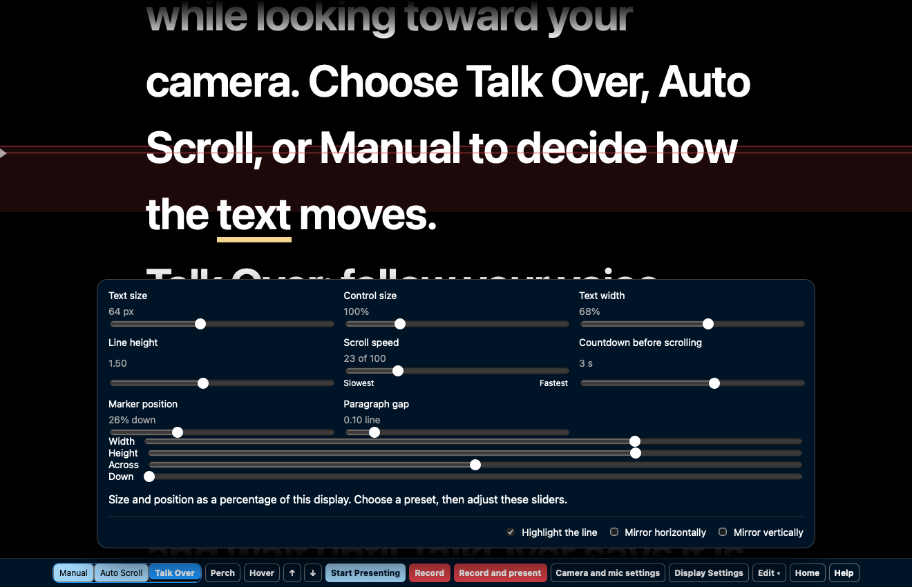 TalkOver display settings and reading line controls